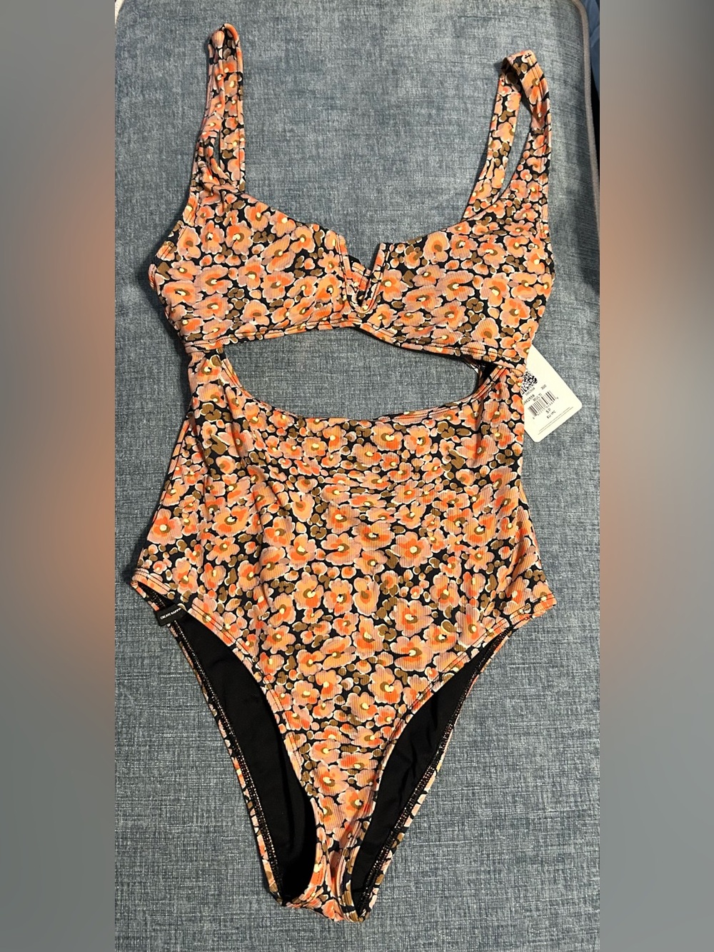 Bodyglove 1 piece swimsuit S NWT Floral Ribbed Orange and Black
